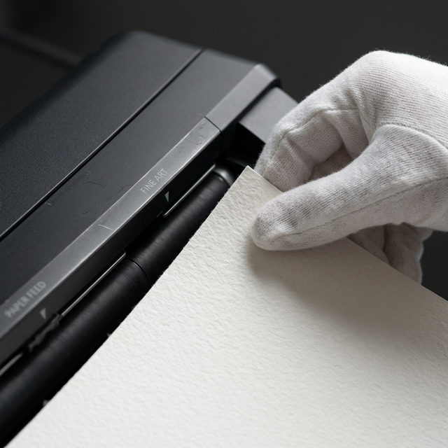 Un tirage d'art majestueux sortant d'une imprimante haut de gamme à côté d'un cadre en bois